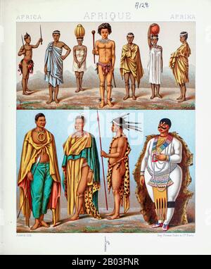 Ancient African tribal fashion and accessories from Geschichte des kostüms in chronologischer entwicklung (History of the costume in chronological development) by Racinet, A. (Auguste), 1825-1893. and Rosenberg, Adolf, 1850-1906, Volume 1 printed in Berlin in 1888 Stock Photo