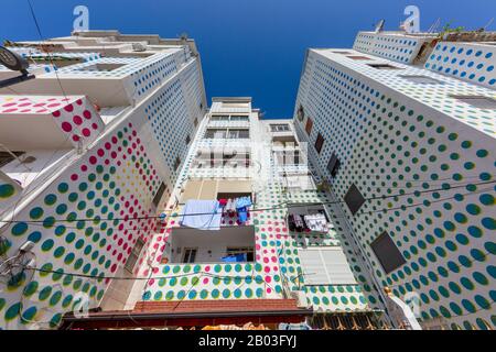 Colorfully decorated apartment building in Albania Stock Photo