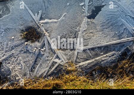 Ice patterns on a frozen pool near Holborn Head, Scrabster, near Thurso, Caithness, Scotland, UK. Stock Photo