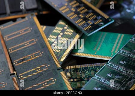 RAM modules, designed to recover valuable raw materials, including gold. Big close-up. Stock Photo