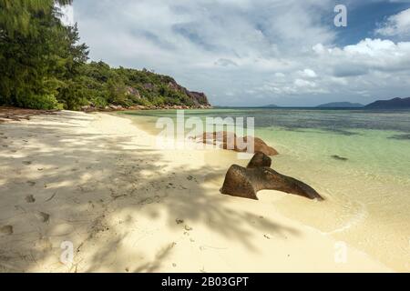 Amazing empty beach in Curieuse Island in the Seychelles Stock Photo