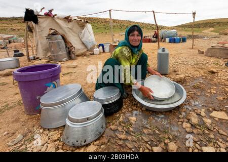 Nomadic woman from Qashqai nomads makes bread, near Shiraz, Iran. Stock Photo