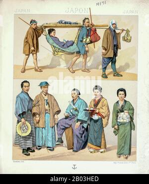 Ancient Japanese fashion and accessories from Geschichte des kostüms in chronologischer entwicklung (History of the costume in chronological development) by Racinet, A. (Auguste), 1825-1893. and Rosenberg, Adolf, 1850-1906, Volume 1 printed in Berlin in 1888 Stock Photo