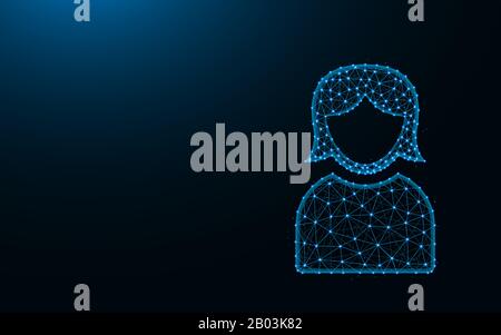 User made from points and lines on dark blue background, Female wireframe mesh polygonal vector illustration Stock Vector