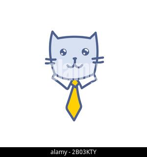 Cartoon business cat portrait with yellow tie and white shirt, successful businessman worker of the month picture, kawaii vector illustration isolated Stock Vector