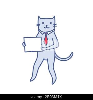 Cartoon business cat holding empty white board in hands, successful businessman placeholder vector illustration isolated on white. Blank message copy Stock Vector