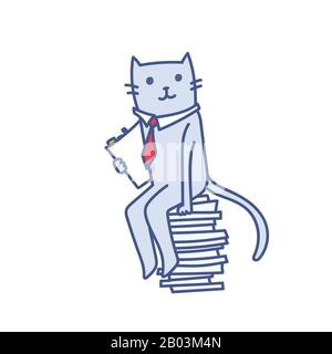 Cartoon business cat with documents file folder sitting on pile of folders, successful accounting working, vector illustration isolated on white. Conc Stock Vector