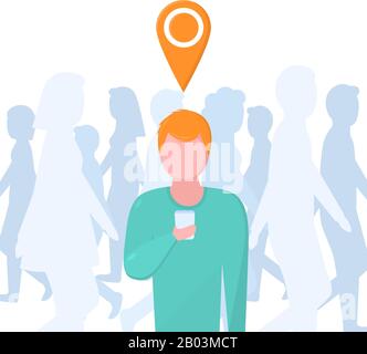 Flat Illustration with a man and phone in the crowd Stock Vector