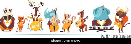 Jazz music cartoon characters with animals playing music instruments Stock Vector
