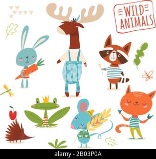 Vector hand drawn wild forest animals cartoon style Stock Vector