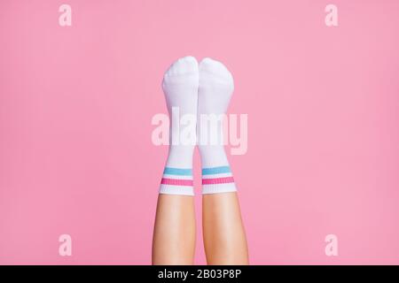 Cropped close-up view of nice vertical feminine legs wearing white casual soft cotton comfortable socks new brandy collection isolated over pink
