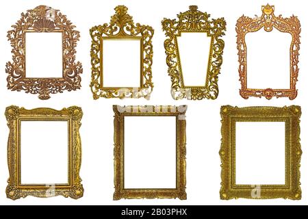 Set of rectangle Decorative vintage gilded golden wooden frames isolated on white background Stock Photo
