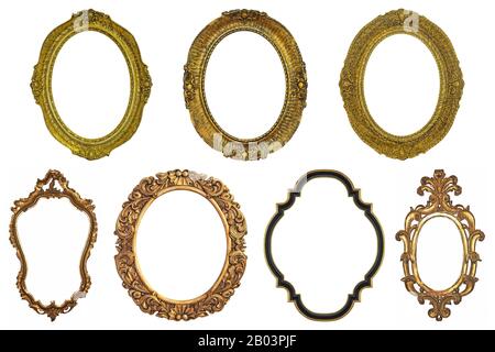 Set of oval Decorative vintage gilded golden wooden frames isolated on white background Stock Photo