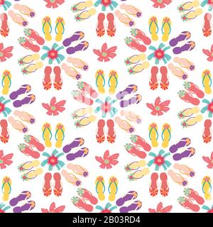 Pretty flip flop shoe seamless vector pattern background. Hand drawn girly sandals and tropical hibiscus. Hot summer illustration all over print for Stock Vector