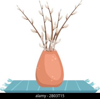 Flat vector illustration with willow branches in a vase. Stock Vector