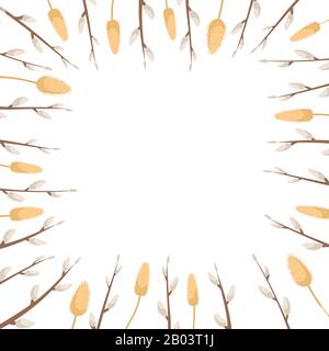 Easter template with space for text. Flat lay background with willow branches. Stock Vector