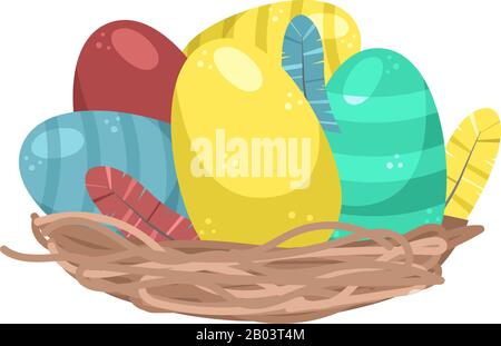 Flat vector illustration of a wicker basket with Easter eggs. Stock Vector