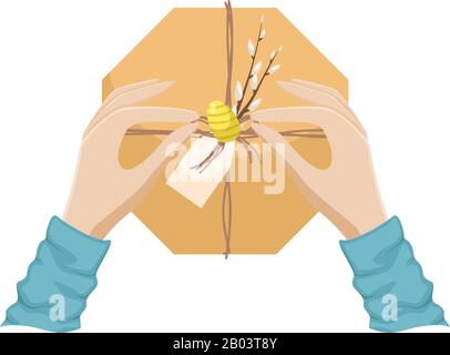 The girl's hands open the easter gift. Vector flat lay illustration Stock Vector