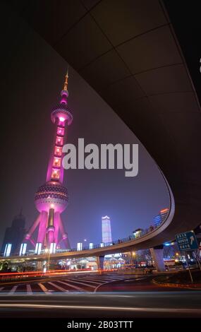 Shanghai, China - JAN 11 , 2020: A night view of the modern Pudong skyline across the Bund in Shanghai, China. Shanghai is the largest China city. Stock Photo