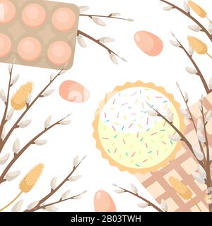 Easter flat illustration. Flat lay background with Easter eggs and willow branches. Stock Vector