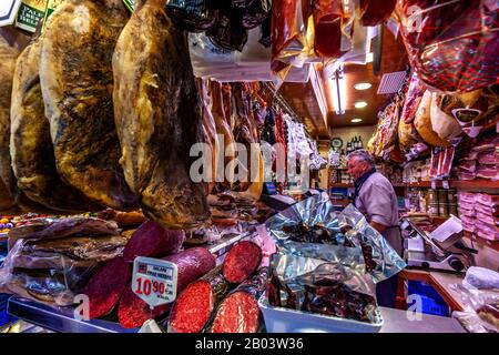 Mercado de La Boqueria a Famous indoor public market selling meat, produce, cheese and a array of other foo off La Rambla, Barcelona, Spain. Stock Photo