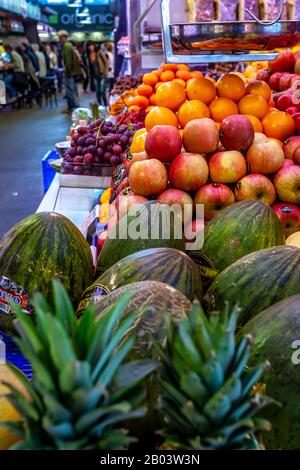 Mercado de La Boqueria a Famous indoor public market selling meat, produce, cheese and a array of other foo off La Rambla, Barcelona, Spain. Stock Photo