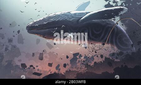 astronaut floating near the fantasy whale that jumping out of the rock, digital art style, illustration painting Stock Photo