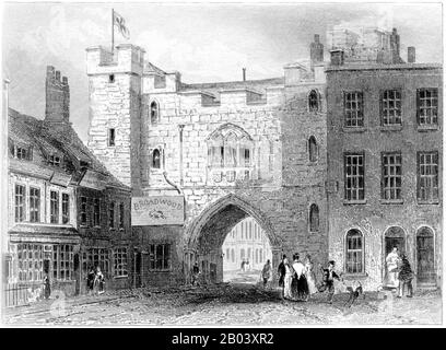 An engraving of St Johns Gate, Clerkenwell scanned at high resolution from a book printed in 1851. This image is believed to be free of all copyright. Stock Photo