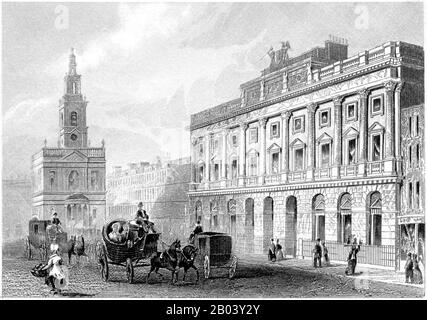 An engraving of the Somerset House, Strand, London scanned at high resolution from a book printed in 1851. Believed copyright free. Stock Photo