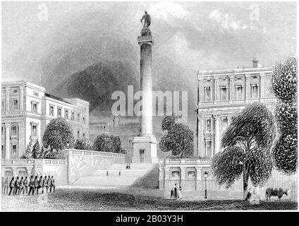 An engraving of the Duke of Yorks Column, London scanned at high resolution from a book printed in 1851.Believed copyright free. Stock Photo