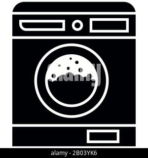 Black and white clothes washer machine with foam and bubbles icon isolated on white background. . Stock Vector