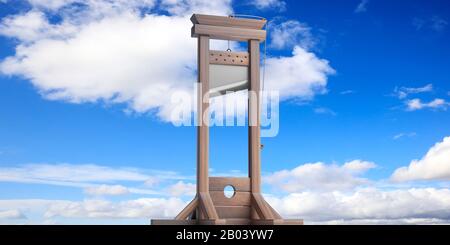 Guillotine, capital punishment, death penalty execution concept. Behead, decapitation wood instrument against blue sky background. 3d illustration Stock Photo