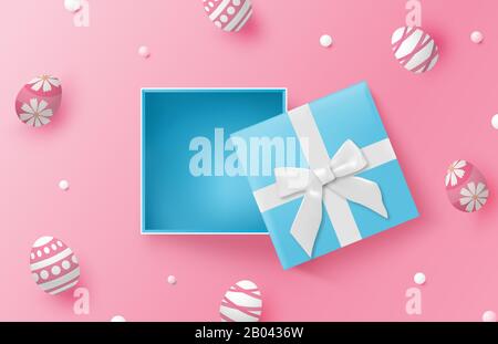 Happy Easter day background with Easter eggs and blue gift box on pink background. Stock Vector
