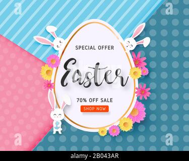Happy Easter sale banner with Easter egg, bunny and flower on background in paper cut style. Vector illustration. Poster, banner, flyer, backdrop, bro Stock Vector
