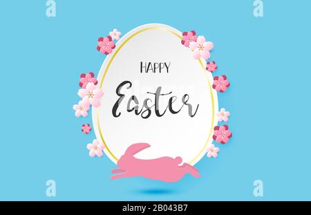 Happy Easter day background with flower and pink rabbit in paper cut style. Digital craft paper art. Stock Vector