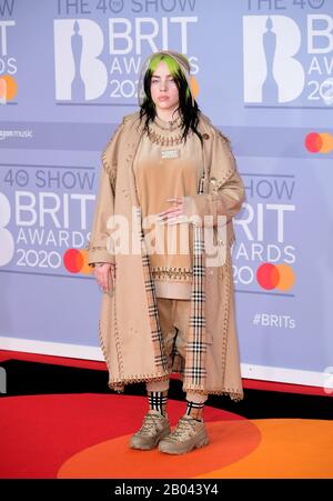 Billie Eilish arriving for the Brit Awards 2020 at the O2 Arena, London
