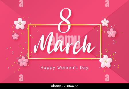 Happy women day background with flower in paper cut style. Vector illustration digital craft paper art. wallpaper, backdrop, banner, advertising displ Stock Vector