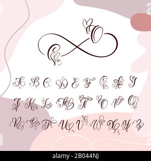 Handwritten heart calligraphy monogram alphabet. Valentine Cursive font with flourishes heart font. Cute Isolated letters. For postcard or poster