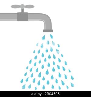 Vector silver tap with water. Design for icon. Water falling from tap. Stock Vector