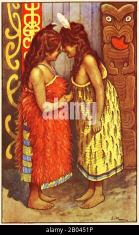 illustration of maori girls in New Zealand from a set of school posters used for social studies, c 1930 Stock Photo