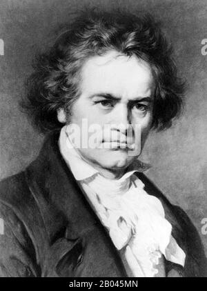 Vintage portrait of German composer and pianist Ludwig van Beethoven (1770 – 1827). Undated print based on a painting by Carl Jaeger (1833 – 1887). Stock Photo