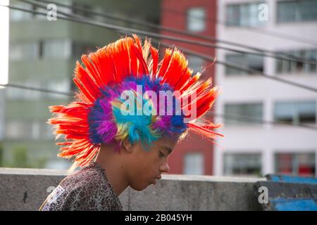 Recife / Pernambuco / Brazil. February, 11, 2018. Street carnival in the center of Recife with the giant puppet of the block “Galo da Madrugada”. Stock Photo