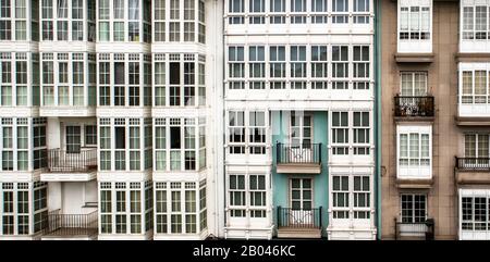 Building facade pattern viewed from Roman city wall in Lugo, Spain Stock Photo