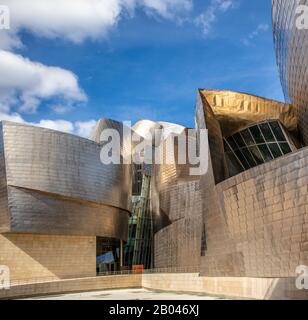 Bilbao Spain - September 25 2019: View of the Guggenheim Museum built in 1997 by canadian architect Frank Gehry in Bilbao, Basque Country, Spain
