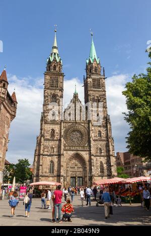 The twin towers of St. Sebaldus Church (St. Sebald, Sebalduskirche), a medieval church in Nuremberg, Bavaria, Germany. Stock Photo