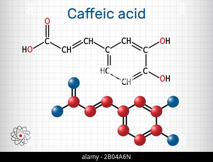 Caffeic acid, C9H8O4 molecule. It is hydroxycinnamic acid with antioxidant, anti-inflammatory, antineoplastic activities, is a key intermediate in the Stock Vector