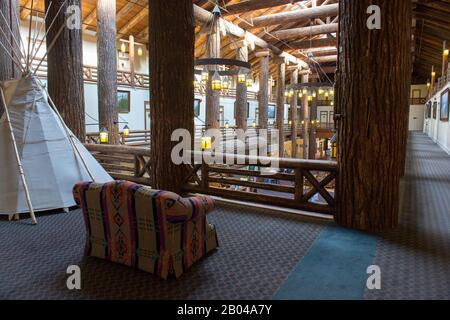Interior of Glacier Park Lodge which is located just outside the boundaries of Glacier National Park in the village of East Glacier Park, Montana, Uni Stock Photo