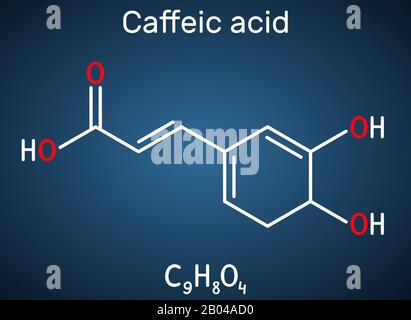Caffeic acid, C9H8O4 molecule. It is hydroxycinnamic acid with antioxidant, anti-inflammatory, antineoplastic activities, is a key intermediate in the Stock Vector