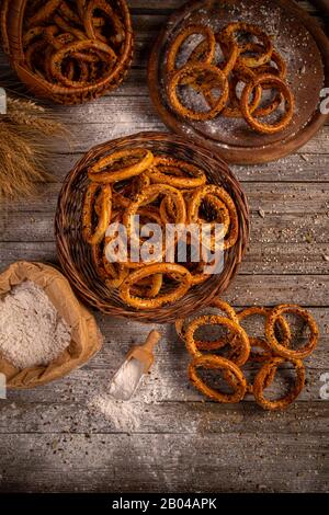 Pretzels stack in basket Stock Photo