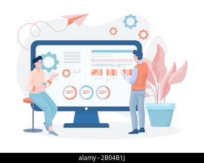 Men in casual clothes developing website or mobile application and having discussion vector flat illustration. People building apps and working on creating web design. Stock Vector